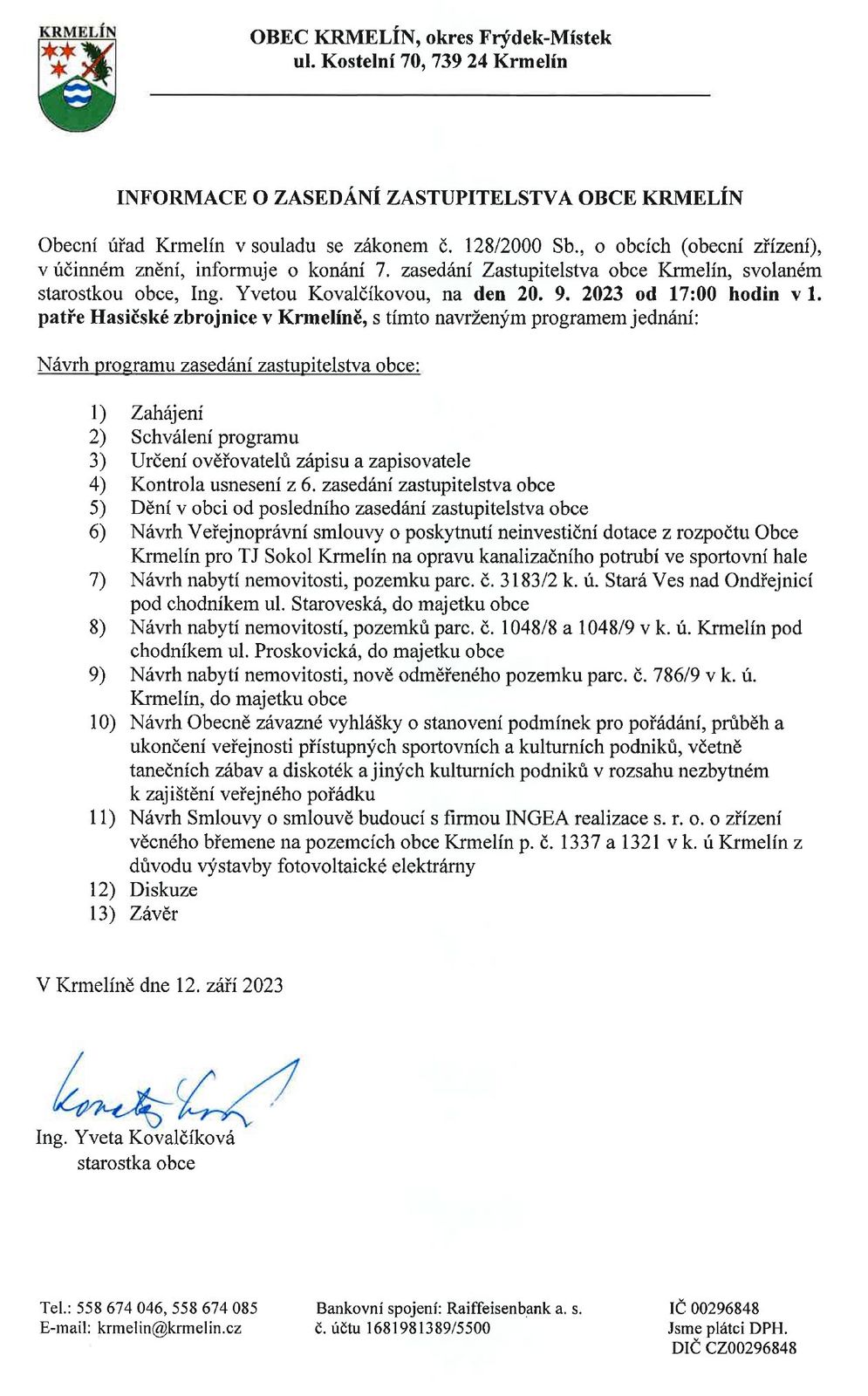Informace o 7. zasedání Zastupitelstva obce Krmelín - středa 20.9.2023