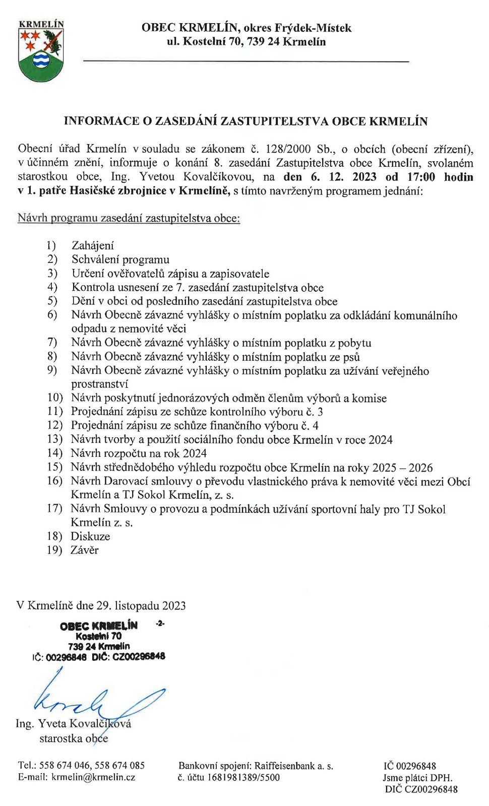 Pozvání na 8. zasedání zastupitelstva obce Krmelín - středa 6. prosince 2023