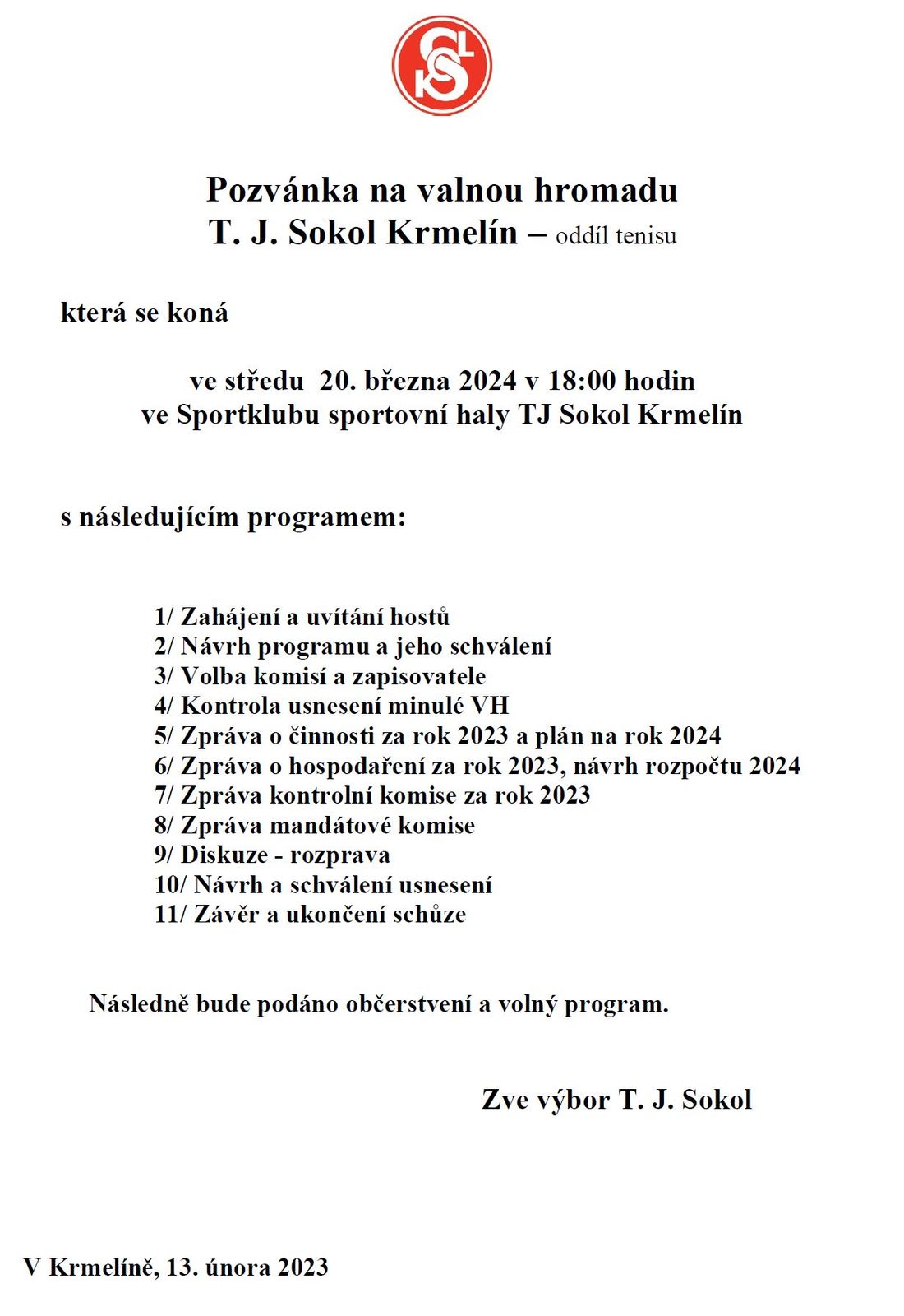 Valná hromada T.J.Sokol Krmelín - středa 20. března 2024