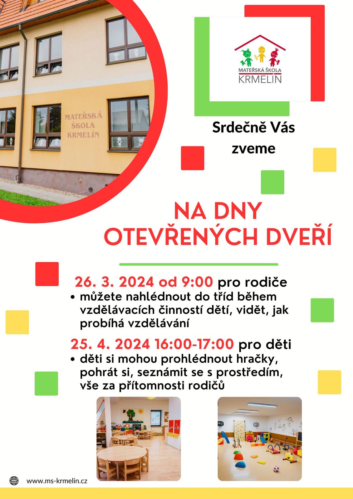 Dny otevřených dveří v Mateřské škole Krmelín - 26. března a 25. dubna 2024