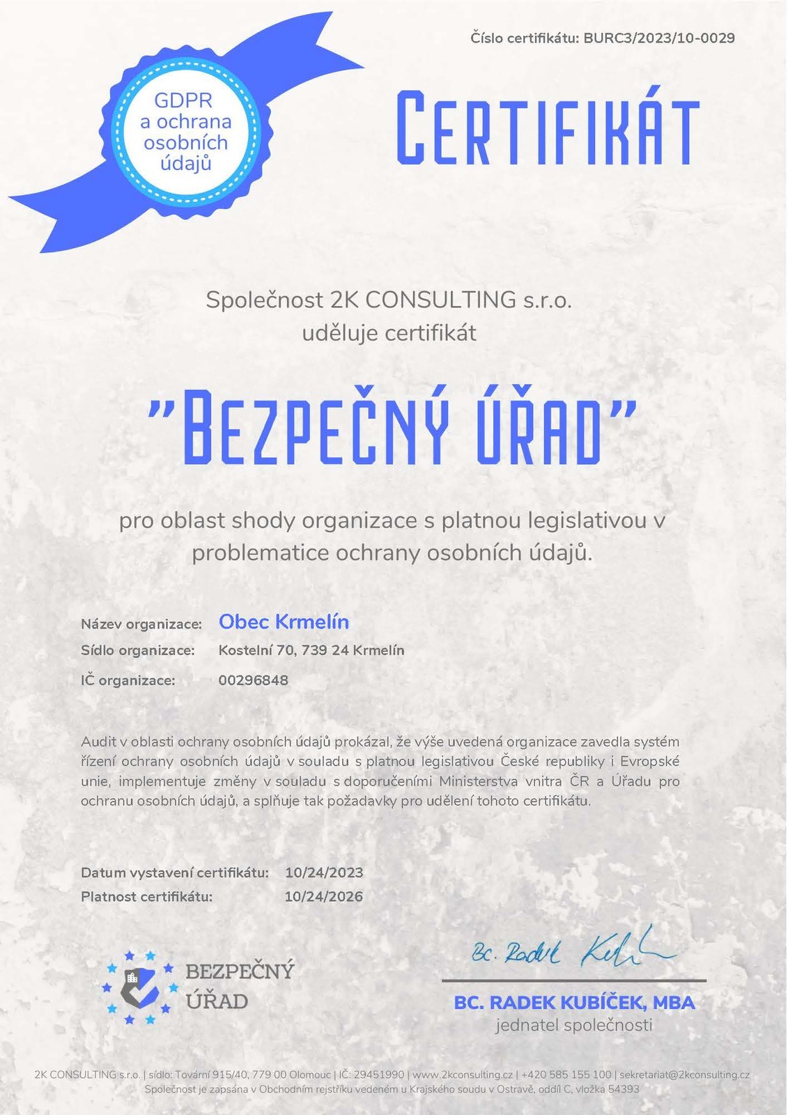 Certifikát Bezpečný úřad 